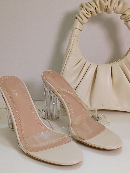 Chase + Chloe Shoes - Cream Clear Strap Block Heel Mules